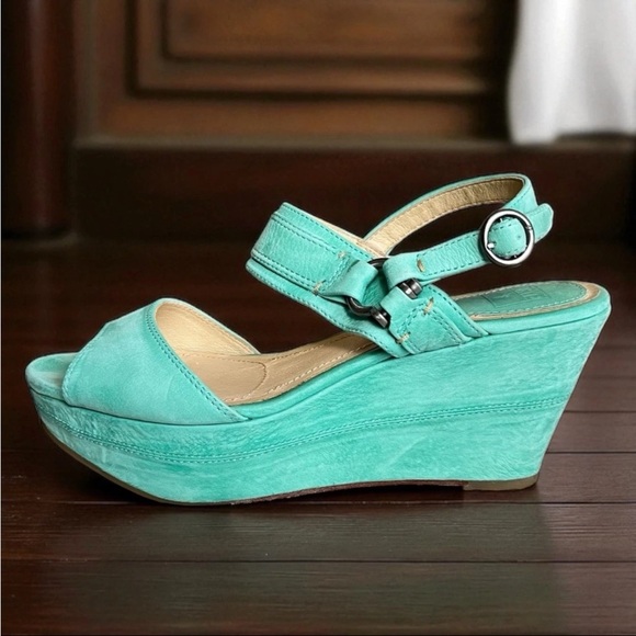Frye Carlie Sling Platform Wedge Sandals Sz 9.5M Teal Mint Green Chic Prep EUC - Picture 1 of 14